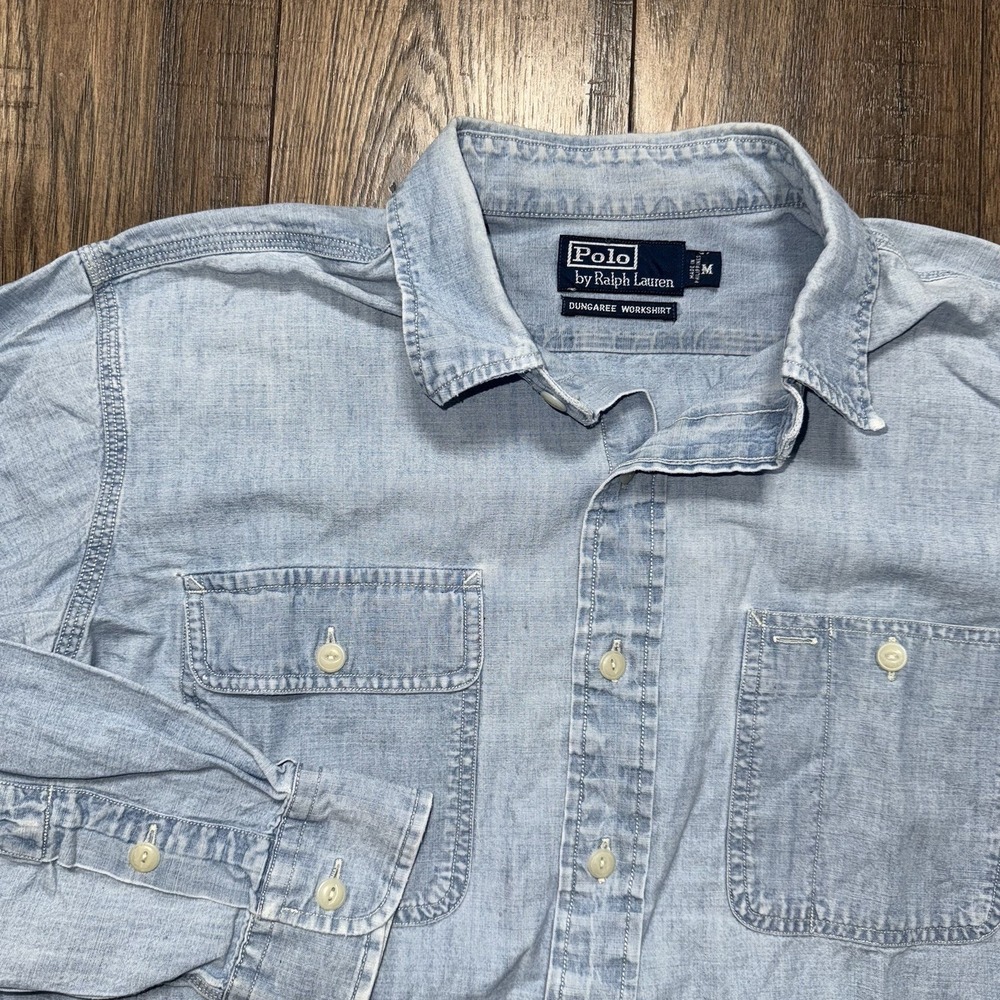 Polo Ralph Lauren Dungaree Work Shirt Mens Button Front Vintage Cotton Blue Med